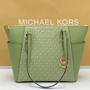 Michael Kors Charlotte Large Logo and Leather Top-Zip Tote Bag